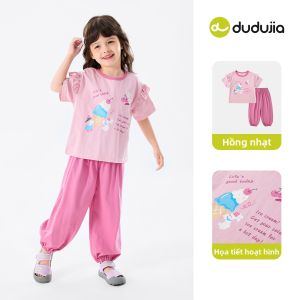 DUDUJIA | Bộ Áo T-Shirt và Quần Dài Cho Bé Gái Mùa Hè Thoáng Khí Chống Khuẩn 100% Cotton