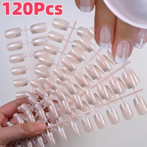 120pcs Shiny Pearlescent French Fake Nails 12-Sizes Short Square Press On Nails Simple Ins Detachable Full Cover False Nail Tips