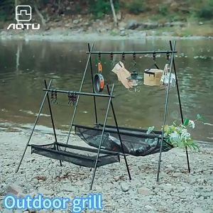 Camping Rack Foldable Camping Hanging Rack Organizer with Mesh Pocket Hook Barbecue Tableware Storage Rack for Hiking Picnic