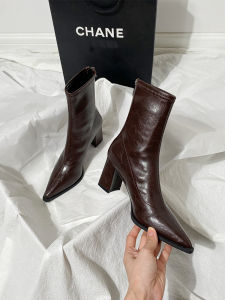 Browan Short Boots Womens High Heel Autumn Winter New Style Versatile French Ankle Boot Fleece Thick Heel Elastic Pointed Toe Slim Boot