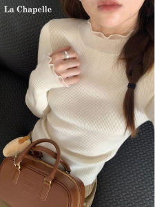 La Chapelle Womens White High Neck Knitted Sweater Long Sleeve Slim Fit Inner Wear Wood Grain Edge Bell Sleeve Top