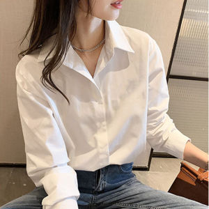 Autumn Winter New Style Fleece Lined White Long Sleeve Womens Shirt Loose Professional Workwear Base Layer Polo Collar Button up