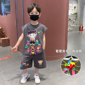 ชุดสองชิ้นแขนกุดสำหรับเด็กชาย ชุดฤดูร้อน ผ้าฝ้ายผสม กางเกงขาสั้น คอกลม ปกตั้ง แฟชั่น ลำลอง ฤดูร้อน 2023 สำหรับเด็กชาย