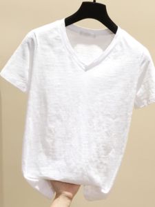 เสื้อยืดคอกว้างแขนสั้นผ้าฝ้ายลายกระชายสีขาว ทรงหลวม ไซส์ใหญ่ คอวี เสื้อผ้าทำงานสไตล์เกาหลีสำหรับฤดูร้อน