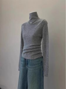 เสื้อเชิ้ตคอปกสูงถึงไหล่สีเทาสำหรับผู้หญิง แขนยาว ทรงสลิมฟิต เสื้อชั้นใน ใส่ได้หลายชั้น เสื้อผ้าทำงานสไตล์เกาหลี