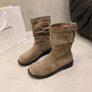 รองเท้าบูทผู้หญิงส้นเตี้ยทรงมาร์ติน ฤดูใบไม้ร่วง/ฤดูหนาว ปี 2024 สไตล์เกาหลี หัวเข็มขัด หนัง PU วัสดุรองเท้า