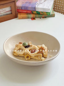 July Rabbit Japanese Style Ceramic Splashed Ink Bowl Oval Shape Pasta Salad Bowl Attractive Large Size Home Use Diningware