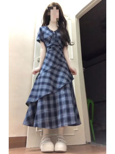 SUSIEYUAN | French Blue Check Short Sleeve Slim Dress