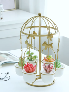 COLOGO 🥇 Ferris Wheel Carousel Flower Pots White Ceramic Planters with Rotatable Metal Stand Hanging Succulents Plant Pots Home Decoration