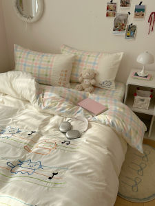 Cute Cat Pattern Towel Embroidered Washed Cotton Bedding Set for Students Three Piece Quilt Cover Sheet Set Soft Polyester Fabric