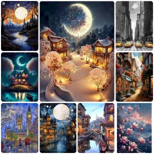 Multi-Style Night Landscape Diamond Painting Giant Moon Snow Village Castle River New York City Street Wall Decor Gift
