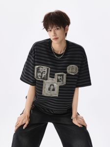 OULUDE | American Vintage Striped Patched T-Shirt Short Sleeves Round Neck