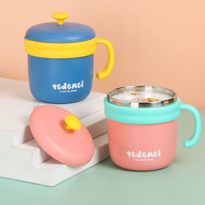 เด็ก การ์ตูน ถ้วยน้ําสแตนเลส 304 ป้องกันการตกพร้อมฝาปิดจับเด็กวัยหัดเดินถ้วยดื่มนม เด็กทารก ถ้วยทนความร้อน