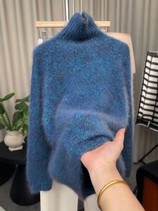 QINGNAER | High Neck Loose Fitting Womens Knit Sweater Blue