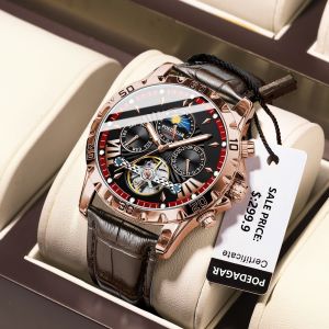 POEDAGAR Luxury Automatic Mechanical Tourbillon Men Watch Leather Luminous Waterproof Calendar Week Mens Watches Fashion Watch for Men Top Brand Original Wristwatches