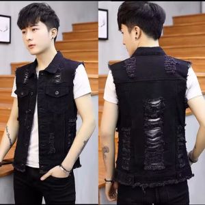 Spring and Autumn Men Ripped Cool Vest Men Sleeveless Denim Tops Vest Korean Vest Handsome Jacket