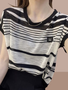 Shalldoer | Striped Ice Silk Short Sleeve T-Shirt Big Size Womens