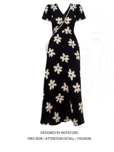 plus Size Floral Print A-Line Dress French Vintage Style Womens Summer Slimming Waist Cinched Long Dress High Waist Short Sleeve V-Neck