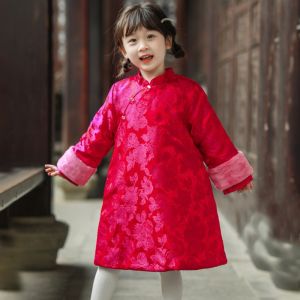 Winter Childrens Cheongsam Coat Traditional Chinese New Year Clothing Long Cotton Jacket Girls Hanfu Outerwear Poly Fiber