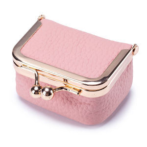 Pink Color Mini Coin Purse for Women Leather Solid Color Kiss Lock Change Pouch Casual Style Small Storage Bag