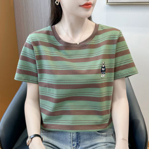 Womens Loose Fit Striped Cotton T-Shirt Short Sleeve Summer New Style European Large Size Versatile Body Shirt Top