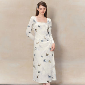 TAMMY TANGS | Elegant Velvet Long Sleeve Print Dress Womens Slimming High Waist Flowing Silken City Commute Work Date Party Velvet Dress