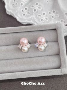 Chocho Pink Bubble French Style Gentle Pearl Zircon Earrings Versatile Elegant Luxury Feelings Alloy Plated Silver Gold Earrings