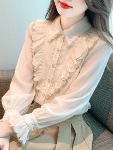Elegant Long Sleeve Chiffon Blouse Womens Early Spring 2025 New French Style Shirt Lace Trim Beautiful Small Top for Office
