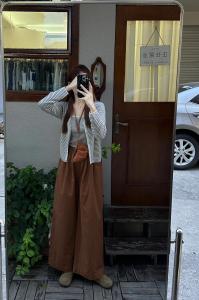 plus Size Autumn Fashion Set Casual Striped Knitted Vest Open Cardigan Wide Leg Pants Warm Mid-Thick Polyester Leisure Wear