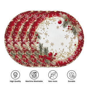 VIKAMA 4-Piece Red and Gold Christmas Placemats Family Gatherings Christmas Parties Table Decor and Accessories