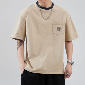 Pure Cotton Heavyweight Pocket T-Shirt Mens Short Sleeve Summer Thin Loose American Retro Half Sleeve Top Youth Pop Style