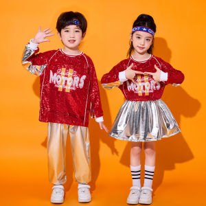 Kids Cheerleading Dance Performance Outfits Sequined Letters T-shirt Shiny Faux Leather Shorts Skirts Jazz Hip-hop Headband Dance Competition Costume