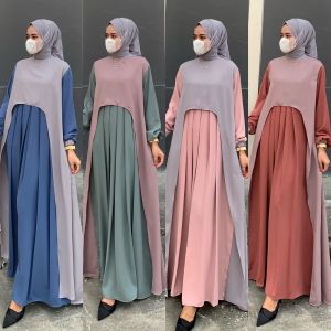 Bajuku Tren Gamis Abaya Maxi Dress Panjang Dua Layer Polos Kombinasi Warna Cantik Seragam Pesta Kondangan Terbaru Random