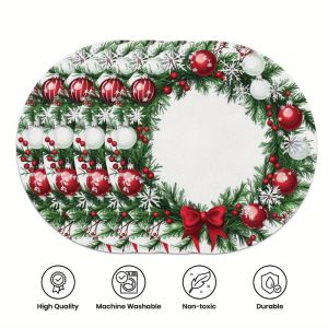 VIKAMA Xmas Pine Wreath Placemat White Backdrop Evergreen Branch Red Ball Berry Bow Snowflake Holiday Dining Table Mat Seasonal