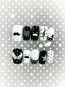 10 Pieces of Handmade Wearable Nail Art Short Square Full-Cover Nail Tips Black and White Contrasting Colors with Hand-Painted Mustaches Hearts Musical Notes Stars and 3D Small Wings Decorations Quirky Sweet-Cool Style Suitable for Women and Gir...