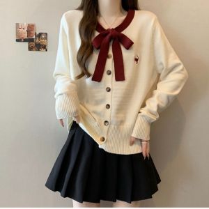 Áo Len Cardigan Dệt Kim Màu Đỏ Có Nơ Bướm Cỡ Lớn Cho Nữ Phong Cách Hàn Quốc Giảm Tuổi Tác Mùa Thu 2025 Áo Khoác Ngoài