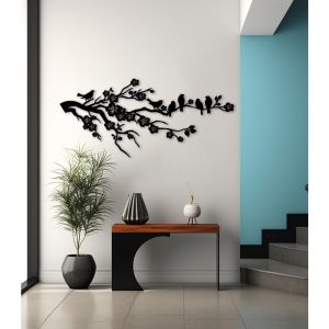 CIFbuy | Cherry Blossom Branch With Birds Metal Wall Art Iron Botanical Mural Entryway Living Room Patio Decor