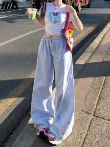 Blue Korean Style Wide Leg Casual Pants Womens Loose Thin Spring New Style Walking Pants Comfortable Breathable Cotton Blend