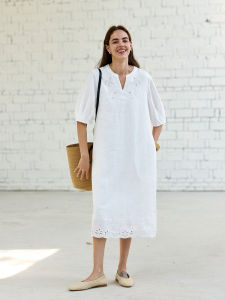 Chalomon Summer Linen Casual Hollow Embroidered Dress Loose Comfortable Vacation Style Womens A-Line Skirt V-Neck Short Sleeve