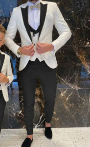 Wedding Suits Groom White Jacquard Tuxedo Slim Fit Men Prom Suit Full Gentleman Costume 3 Pieces (Jacket+Vest+Pant)