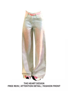 Retro American Rhinestone Cheekbone Pants Macaron Pink Straight Leg Jeans Womens Spring 2025 New Wide Leg Floor-Length Pants