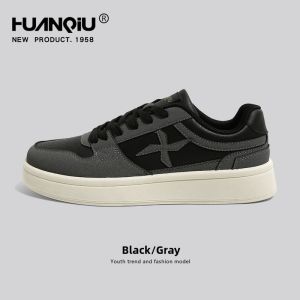 HuanQiu Mens Black Board Shoes Sporty Casual Thick Bottom Fashionable All-Season Wear Comfortable Breathable Leather