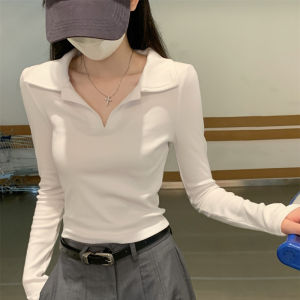 เสื้อยืดคอโปโลทรงสลิมฟิตสำหรับผู้หญิง แขนยาว สีขาว ทรงเข้ารูป ทรงเข้ารูป แขนยาว คอโปโล แขนยาว แขนยาว แขนยาว