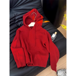Autumn Winter Christmas New Year Red Hooded Sweater Jacket Womens Inner Wear Outerwear Soft Cozy Knitted Top Commute Style