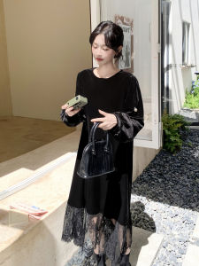 Black French Style Lace Patchwork Velvet Dress Womens Autumn New High-End Long Dress Elegant Maturity Sensation Citywalk