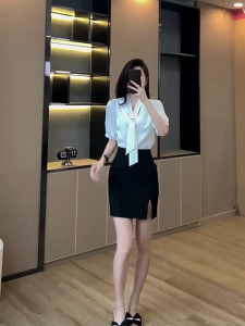 Womens Simple Solid Color Chiffon Ribbon V-Neck Short Sleeve Blouse