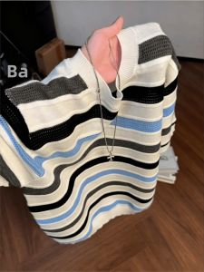 LIUBU | Áo Thun Tay Ngắn American Retro Sọc Màu Block Cảm Giác Mát Lạnh