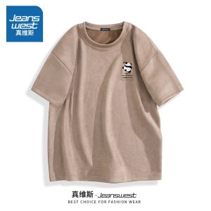 Jeanswest Mens Suede Short Sleeve T-Shirt Simple American Retro Style Summer New Heavy Top Polyester Spandex Blend round Neck