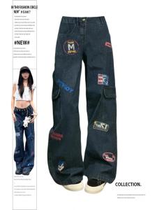 Plus Size Stylish Distressed Maychao Map Patchwork Bootcut Pants Female 2024 Autumn Vintage Print Cargo Jeans