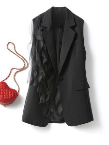 Black Suit Vest Womens Spring Autumn New Style Korean Version Slimming Trendy Splice Chiffon Jacket Ladies Commute Wear